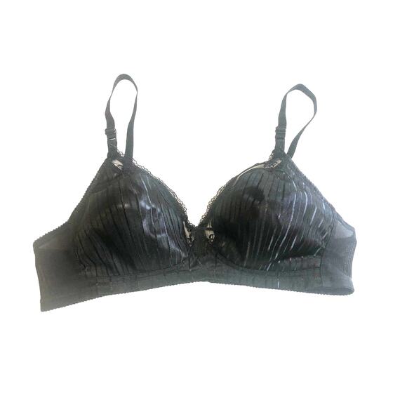 Vintage BESTFORM Size 36C Black Satin Striped Lace Sheer Back Wireless Bra Retro - Picture 1 of 5